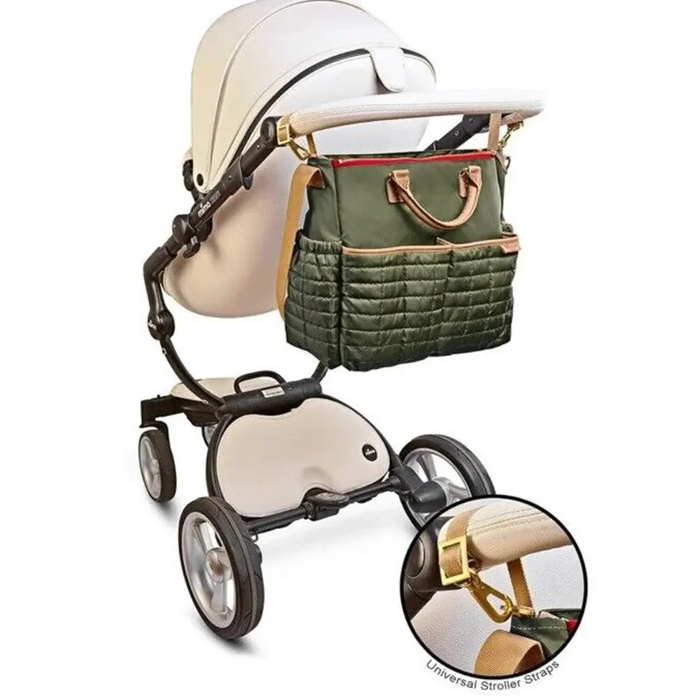 Maman New York Designer Diaper Bag With Matching Changing Pad Green, Tan Handles